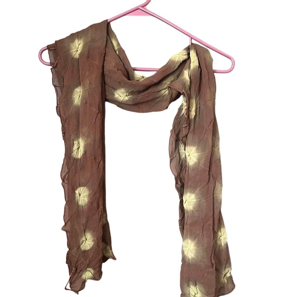 Brown Tie Dye Crinkle Scarf Yellow Circle Pattern Lettuce Edge Lightweight Wrap